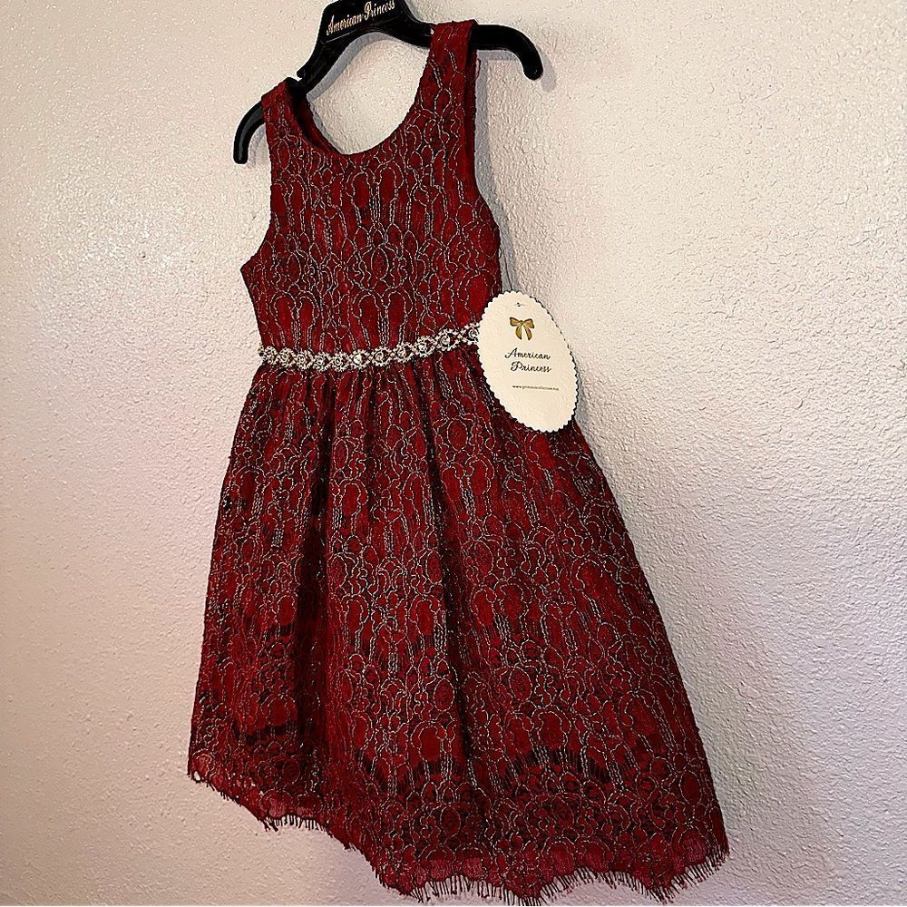 American Princess Girl Formal Dress Red Burgundy Lace Lined Beaded Waistband 4T